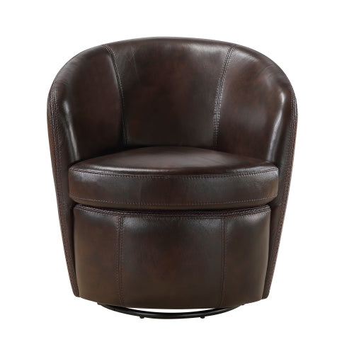 Top-Grain Leather Barrel Swivel Chair – Modern Luxury 360° Accent Chair (3 Colors) in rich brown leather.