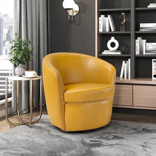 Top-Grain Leather Barrel Swivel Chair – Modern Luxury 360° Accent Chair (3 Colors) in vibrant yellow upholstery.