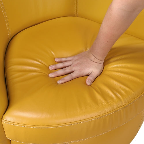 Hand pressing the plush seat of the Top-Grain Leather Barrel Swivel Chair – Modern Luxury 360° Accent Chair (3 Colors).