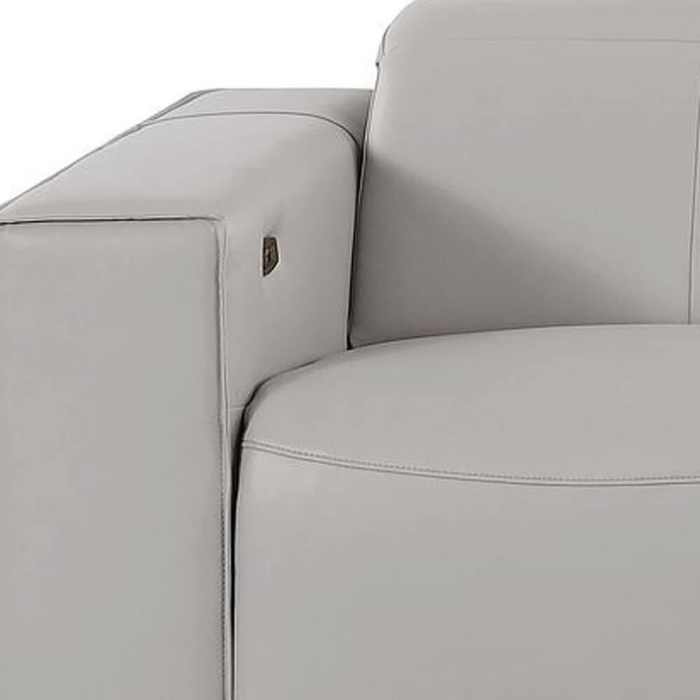 110" Top Grain Leather Power Reclining Sofa with USB Ports (3 Colors) close-up view of light gray leather arm.