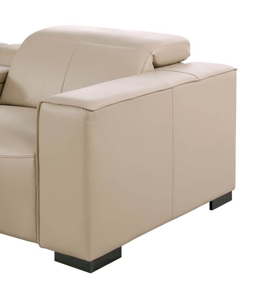 Close-up of the armrest of the 110" Top Grain Leather Power Reclining Sofa with USB Ports in light gray leather.