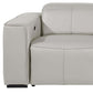 104" Top Grain Leather Reclining USB Sofa with Storage | Modern Recliner Couch - Close-up of light gray leather section.