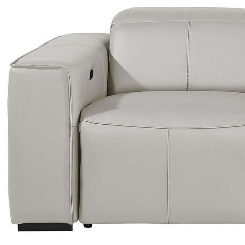 104" Top Grain Leather Reclining USB Sofa with Storage | Modern Recliner Couch - Close-up of light gray leather section.