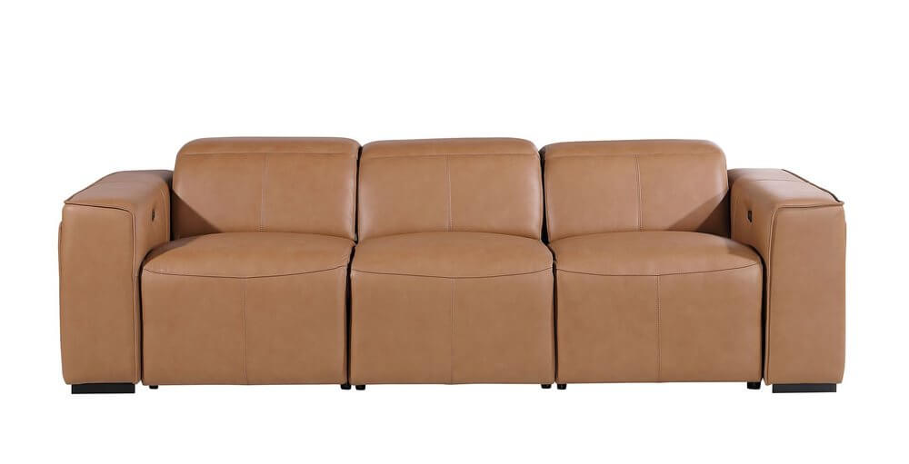 104" Top Grain Leather Reclining USB Sofa with Storage | Modern Recliner Couch in chestnut color.