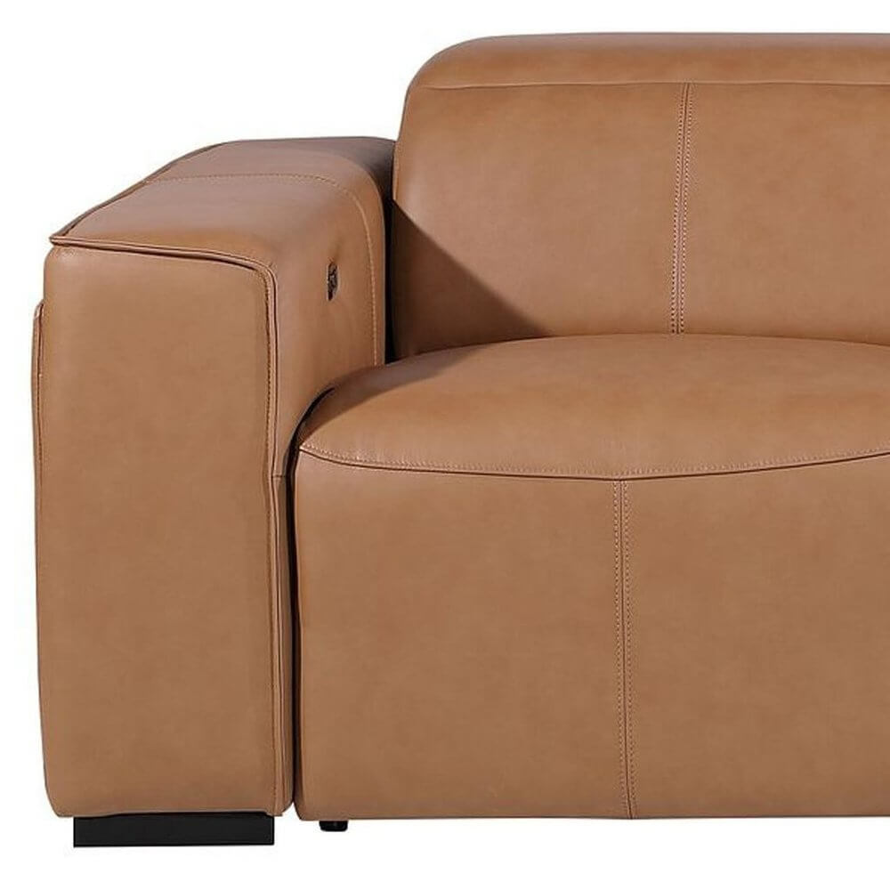 104" Top Grain Leather Reclining USB Sofa with Storage | Modern Recliner Couch close-up of chestnut leather