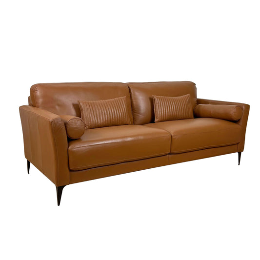 Tussio Italian Leather Sofa – 84” Brown 2-Seater with 5 Pillows (Modern Design) showcasing rich leather and modern lines.