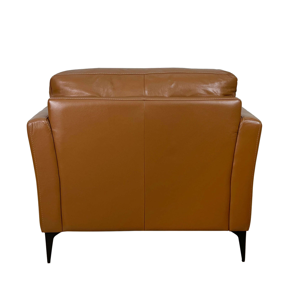 Back view of Tussio Saddle Tan Leather Chair – Italian Modern Accent Chair with Pillow showcasing its sleek design.
