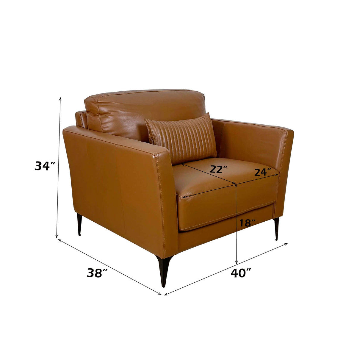 Tussio Saddle Tan Leather Chair – Italian Modern Accent Chair with Pillow dimensions and design details.