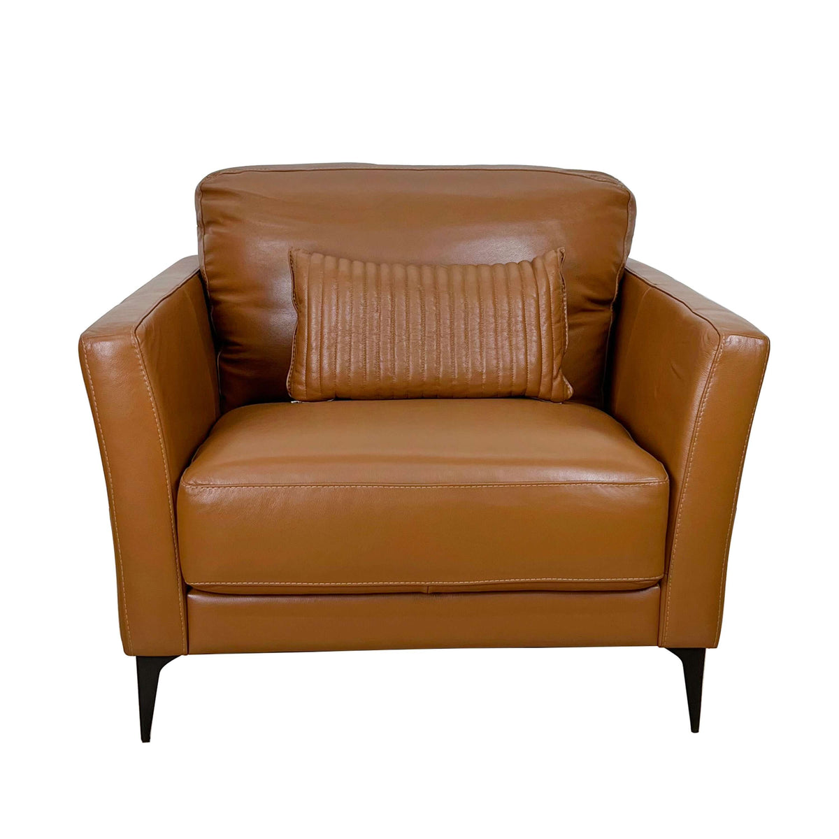 Tussio Saddle Tan Leather Chair – Italian Modern Accent Chair with Pillow in warm leather upholstery.