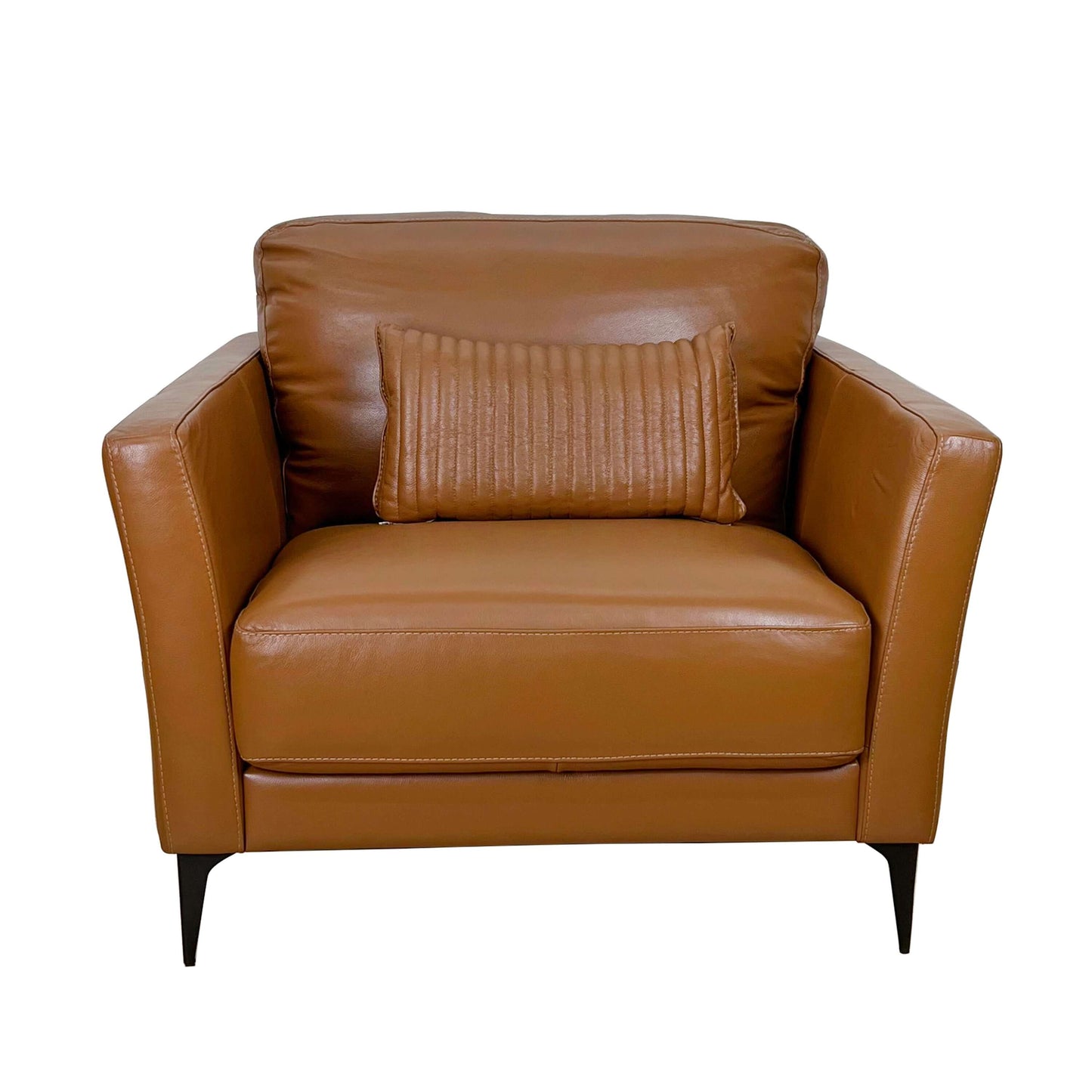 Tussio Saddle Tan Leather Chair – Italian Modern Accent Chair with Pillow in warm leather upholstery.