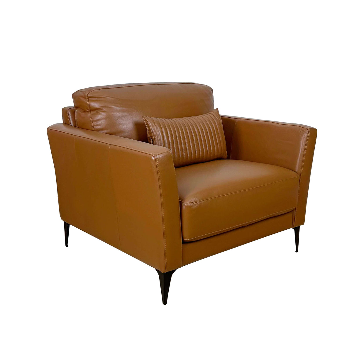 Tussio Saddle Tan Leather Chair – Italian Modern Accent Chair with Pillow in warm leather with sleek metal legs.