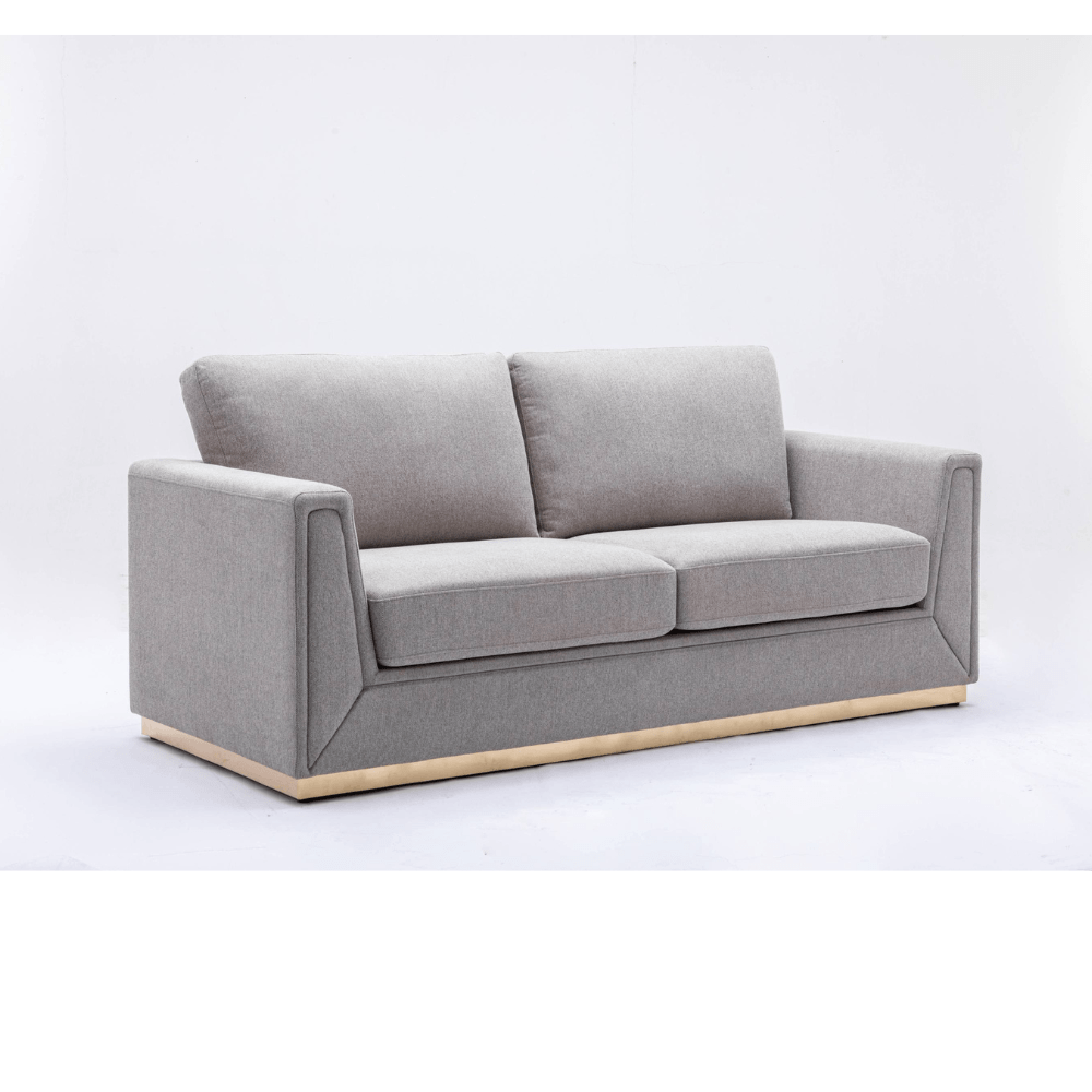 Valin Gray Linen Gold Base Sofa Loveseat 77" with a contemporary design and sturdy base.