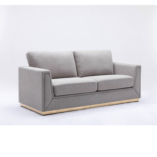 Valin Gray Linen Gold Base Sofa Loveseat 77" with a contemporary design and sturdy base.