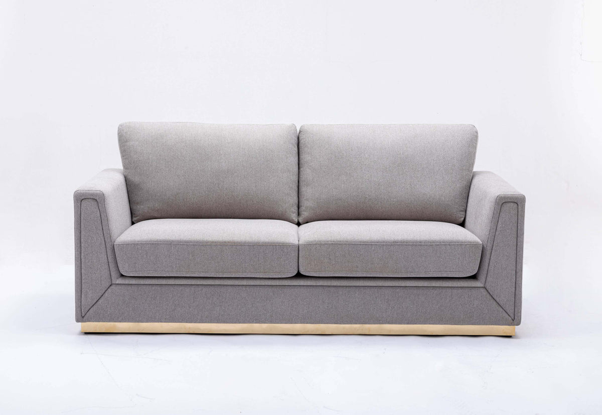 Valin Gray Linen Gold Base Sofa Loveseat 77" in soft gray linen with a sleek gold base for contemporary decor.