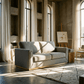 Valin Gray Linen Gold Base Sofa Loveseat 77" in a modern living room with natural light.
