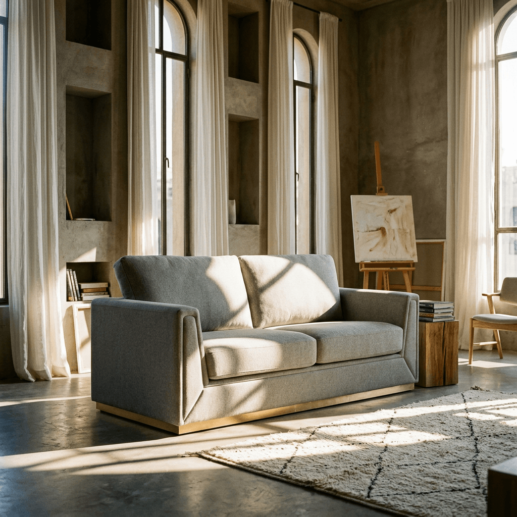 Valin Gray Linen Gold Base Sofa Loveseat 77" in a modern living room with natural light.