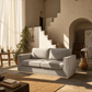 Valin Gray Linen Gold Base Sofa Loveseat 77" in a stylish living room setting with natural light.
