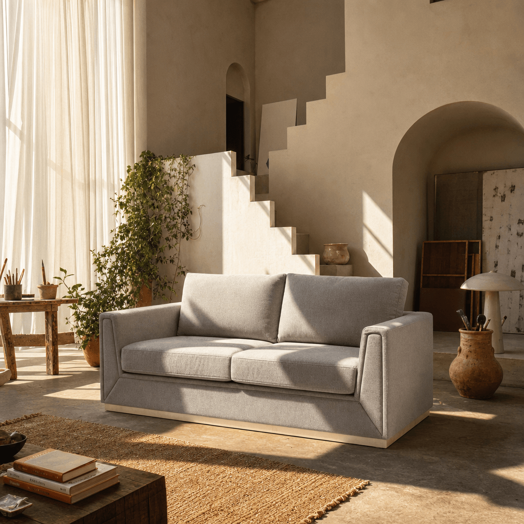 Valin Gray Linen Gold Base Sofa Loveseat 77" in a stylish living room setting with natural light.