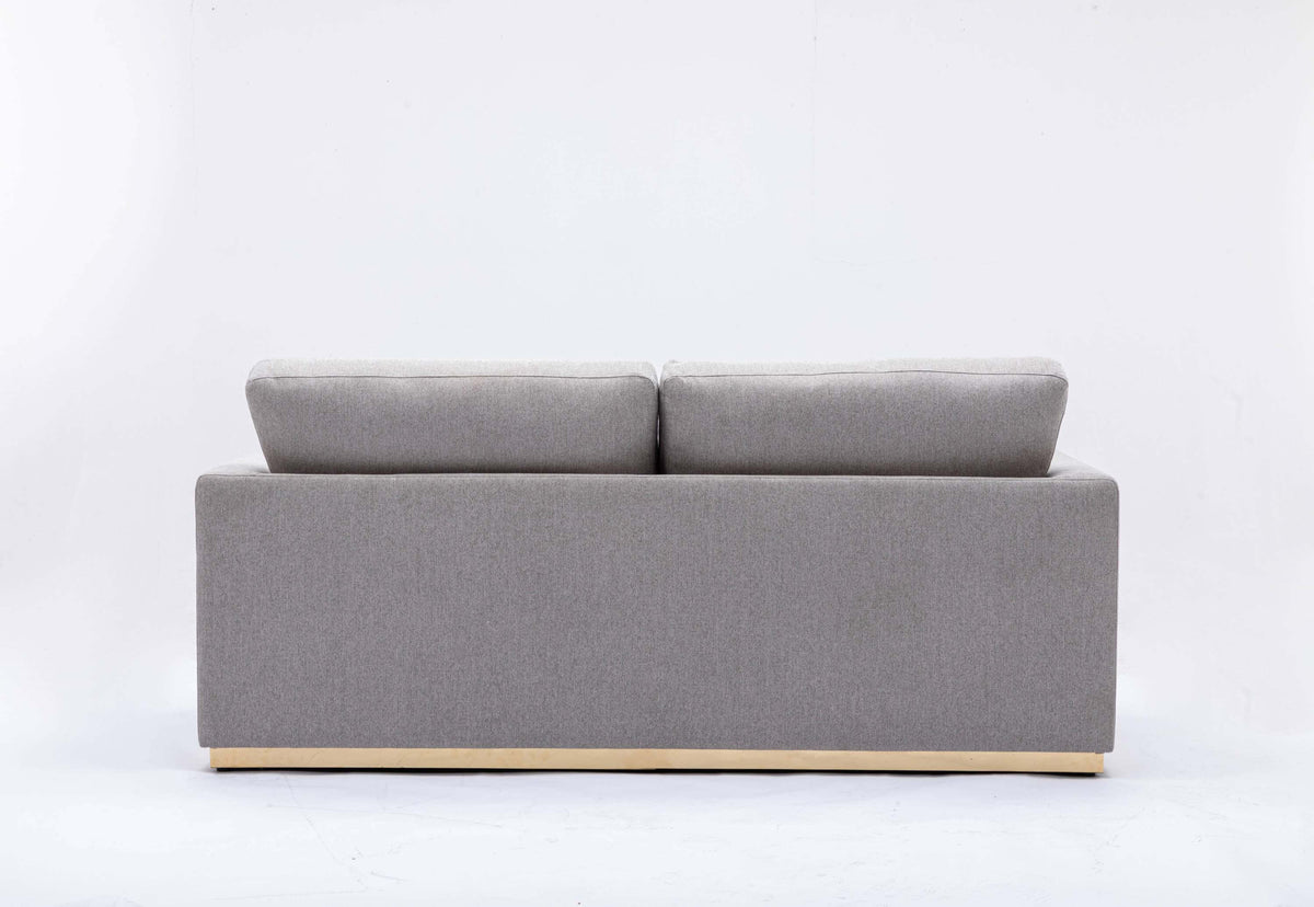 Valin Gray Linen Gold Base Sofa Loveseat 77" back view showing soft gray linen upholstery and sleek design.