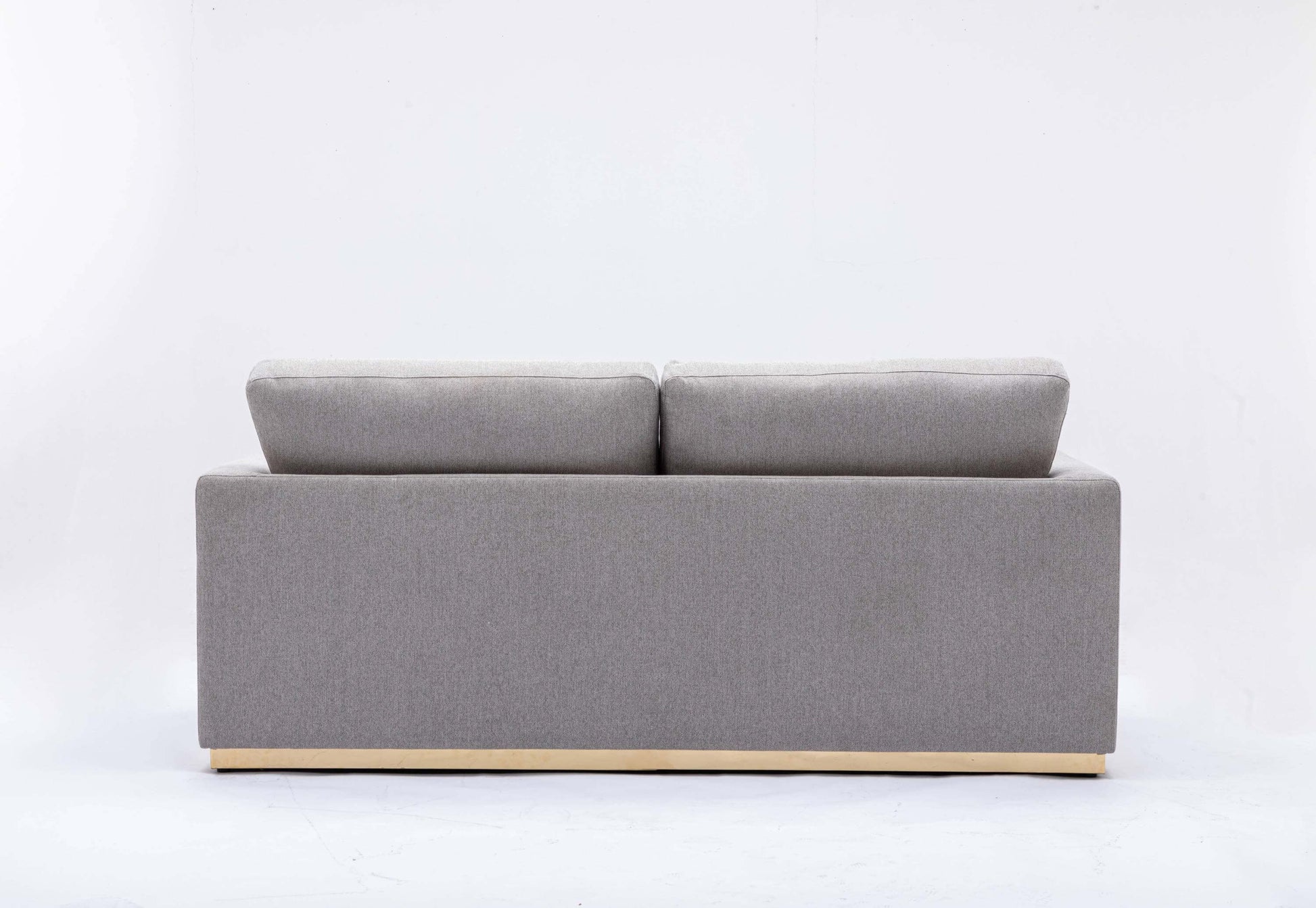 Valin Gray Linen Gold Base Sofa Loveseat 77" back view showing soft gray linen upholstery and sleek design.