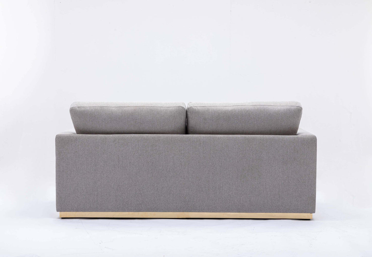 Valin Gray Linen Gold Base Sofa Loveseat 77" back view showing soft gray linen upholstery and sleek design.