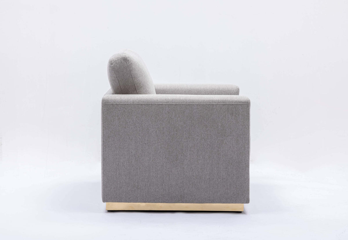 Valin Gray Linen Gold Base Sofa Loveseat 77" side view showcasing gray linen upholstery and sleek gold base.