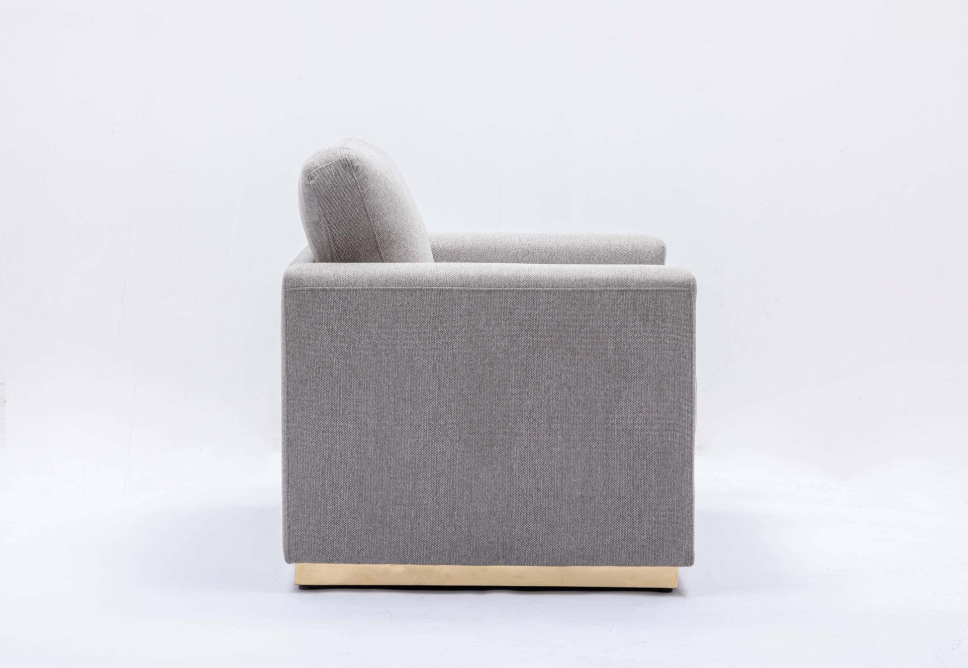 Valin Gray Linen Gold Base Sofa Loveseat 77" side view showcasing gray linen upholstery and sleek gold base.