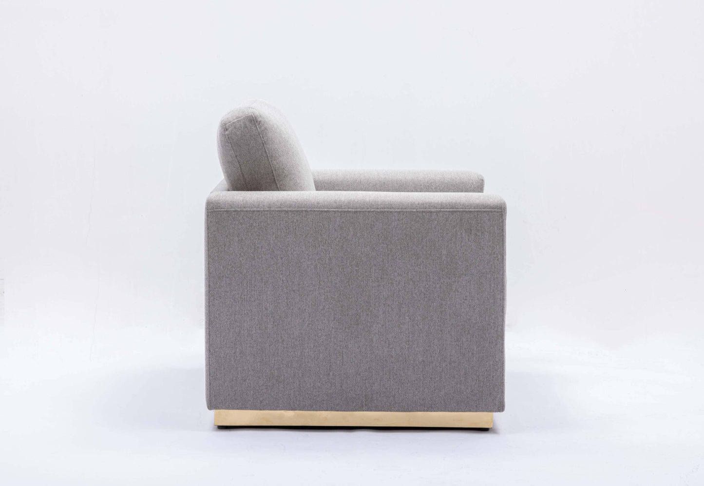 Valin Gray Linen Gold Base Sofa Loveseat 77" side view showcasing gray linen upholstery and sleek gold base.