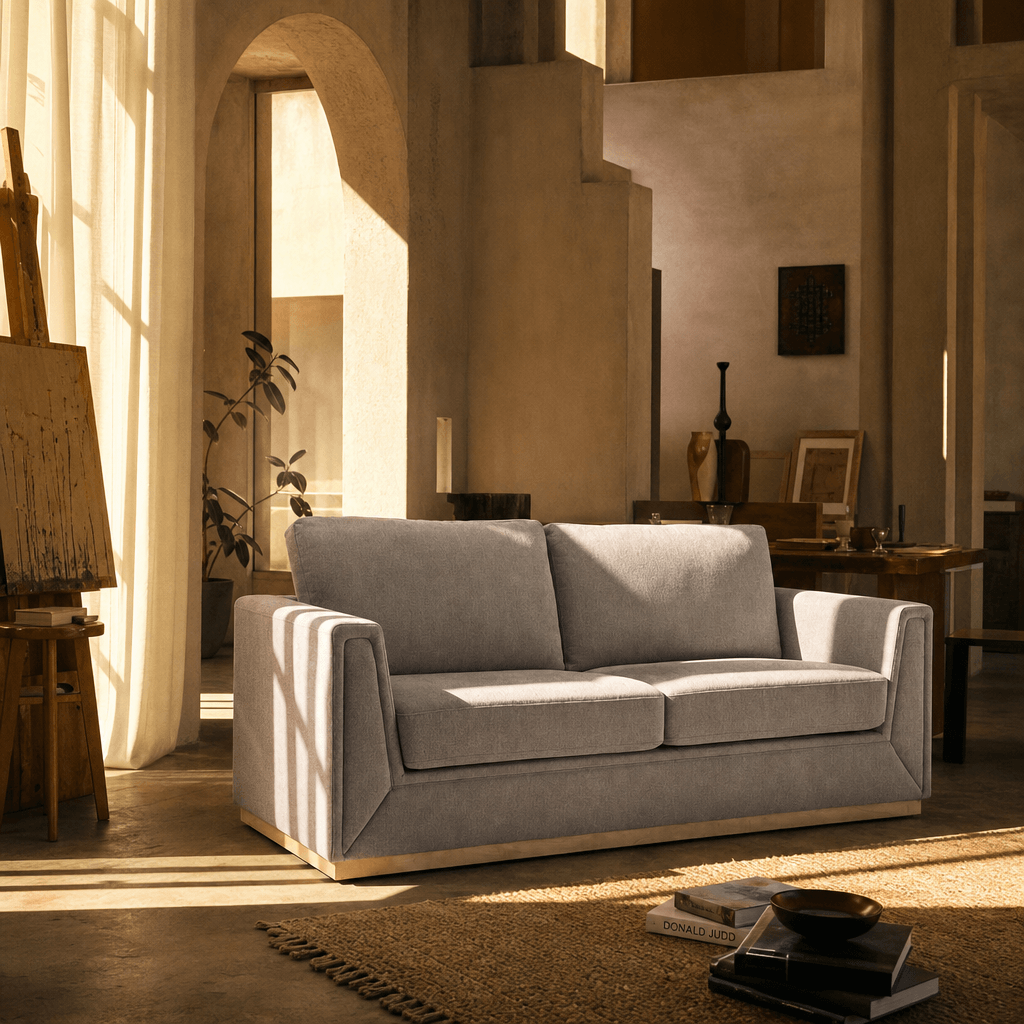 Valin Gray Linen Gold Base Sofa Loveseat 77" in a modern living room setting.