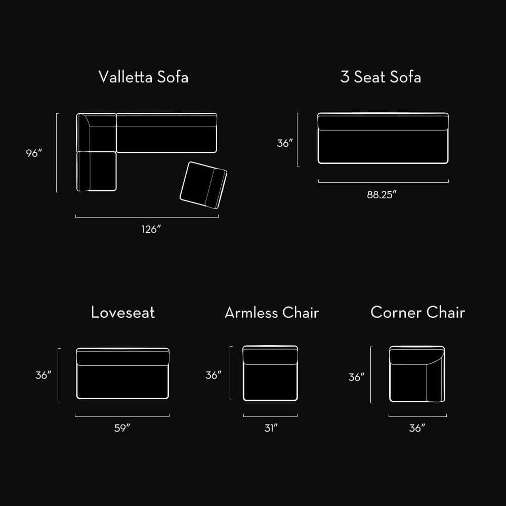 Dimensions and layout of Valleta Sofa, 3 Seat Sofa, Loveseat, Armless Chair, and Corner Chair.