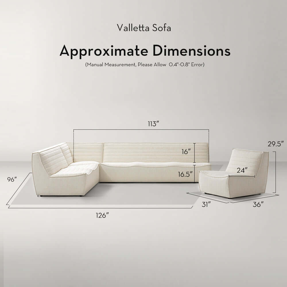 Valletta Sofa dimensions illustration, showcasing approximate sizes for the Corner Fabric Sofa Sectional 126"L.