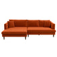 The Blake Velvet Upholstered L-Shape Chaise Sofa Sectional 107 by Ashcroft Furniture features plush orange velvet, three seat and back cushions, a left-side reversible chaise, three matching pillows, and short wooden legs.