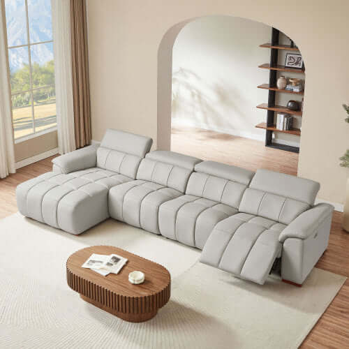 Wall-Hugger Power Reclining Leather Sectional – 4 Seat L-Shape Recliner Sofa with USB (144") in light gray with modern decor.