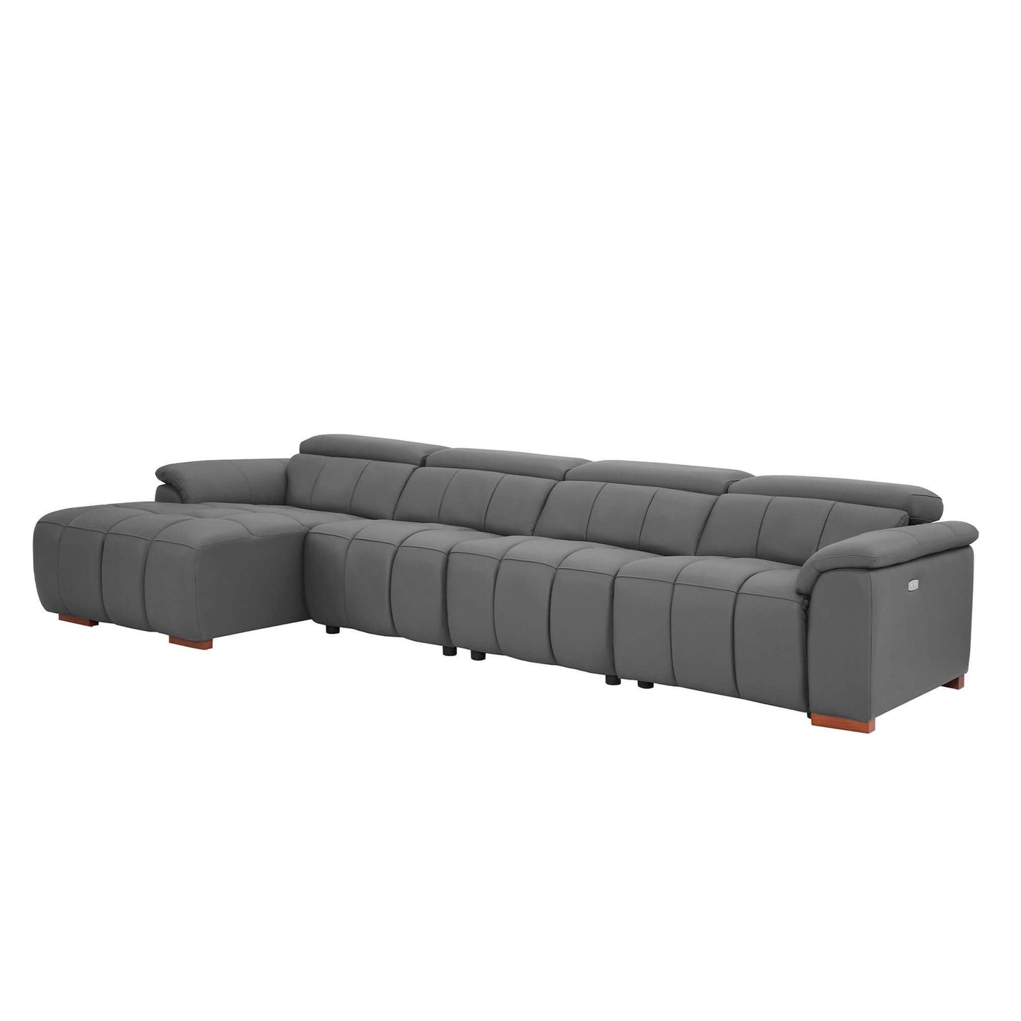 Wall-Hugger Power Reclining Leather Sectional – 4 Seat L-Shape Recliner Sofa with USB (144"), modern gray leather design.