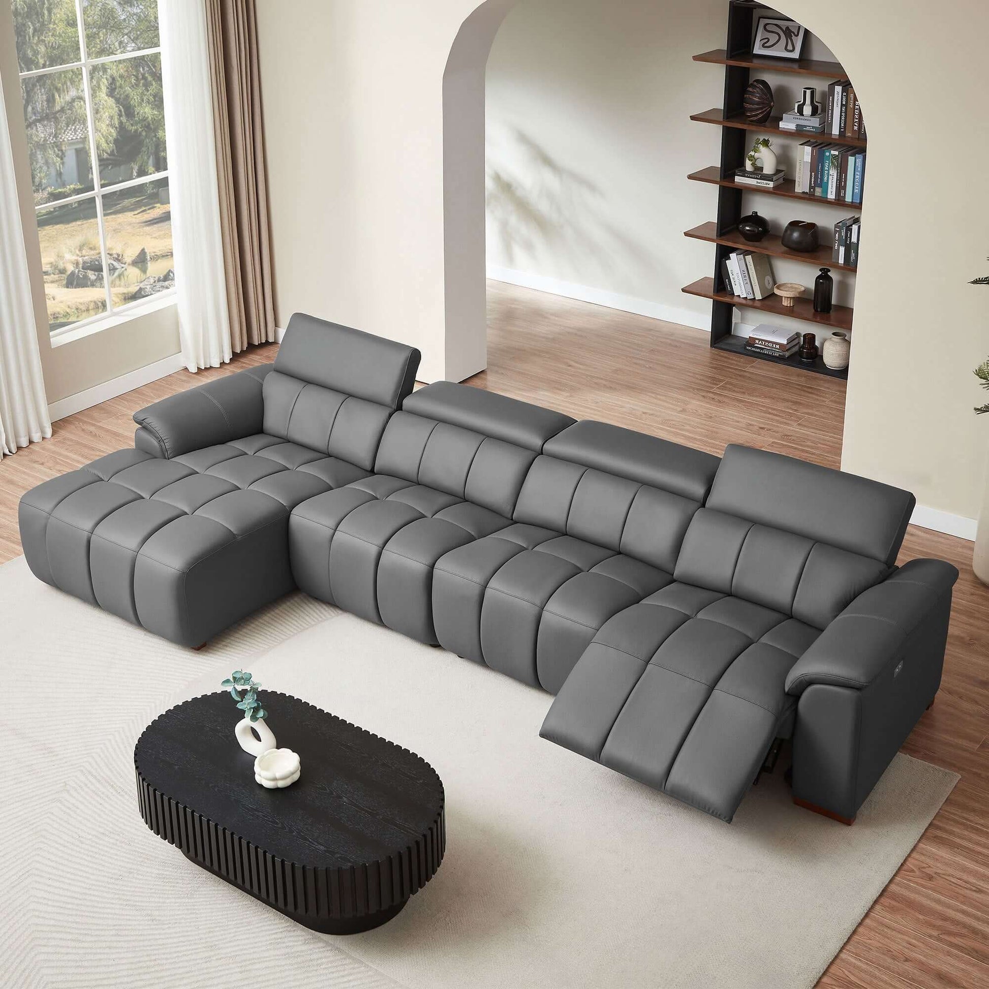 Wall-Hugger Power Reclining Leather Sectional – 4 Seat L-Shape Recliner Sofa with USB (144"), modern design in luxurious leather.