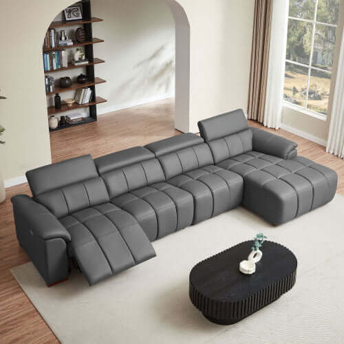 Wall-Hugger Power Reclining Leather Sectional – 4 Seat L-Shape Recliner Sofa with USB (144") in a modern living room setting.