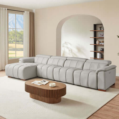 Wall-Hugger Power Reclining Leather Sectional – 4 Seat L-Shape Recliner Sofa with USB (144") in a modern living room.
