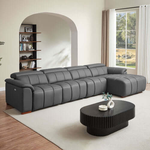 Wall-Hugger Power Reclining Leather Sectional – 4 Seat L-Shape Recliner Sofa with USB (144") in modern living room setup.