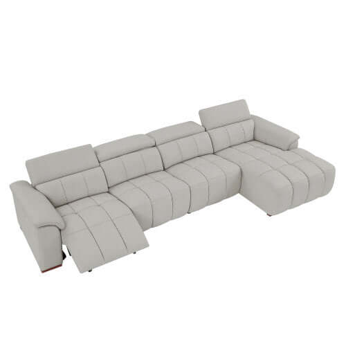 Wall-Hugger Power Reclining Leather Sectional – 4 Seat L-Shape Recliner Sofa with USB (144") in light grey upholstery.