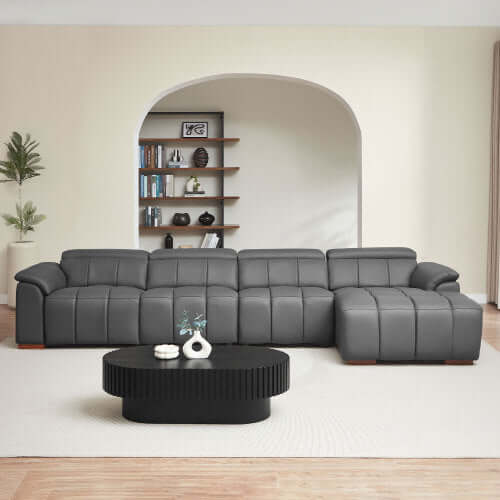 Wall-Hugger Power Reclining Leather Sectional – 4 Seat L-Shape Recliner Sofa with USB (144") in stylish living room setting.