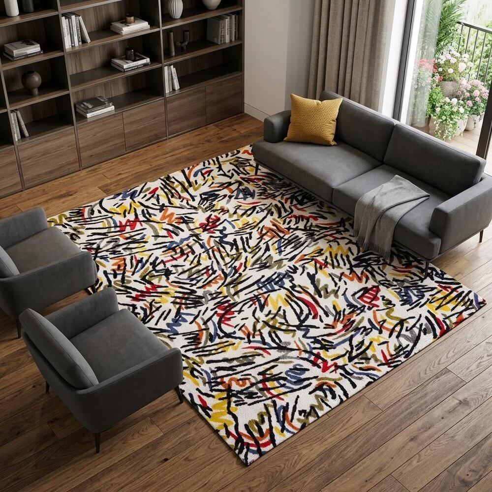 White Abstract Non Skid Area Rug | 9' x 13' displayed in a modern living room, complementing the furniture with its vibrant design.