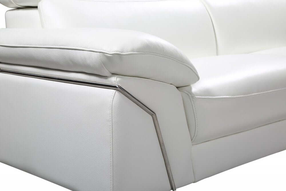 Close-up of the White Italian Leather L Shaped Two Piece Sofa and Chaise Sectional showcasing premium leather and silver metal legs.