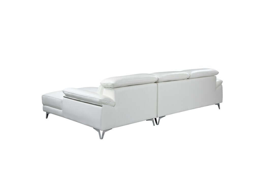 White Italian Leather L Shaped Two Piece Sofa and Chaise Sectional with silver metal legs, showcasing luxe design.
