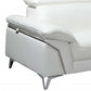 White Italian Leather L Shaped Two Piece Sofa and Chaise Sectional with silver metal legs and premium leather finish.