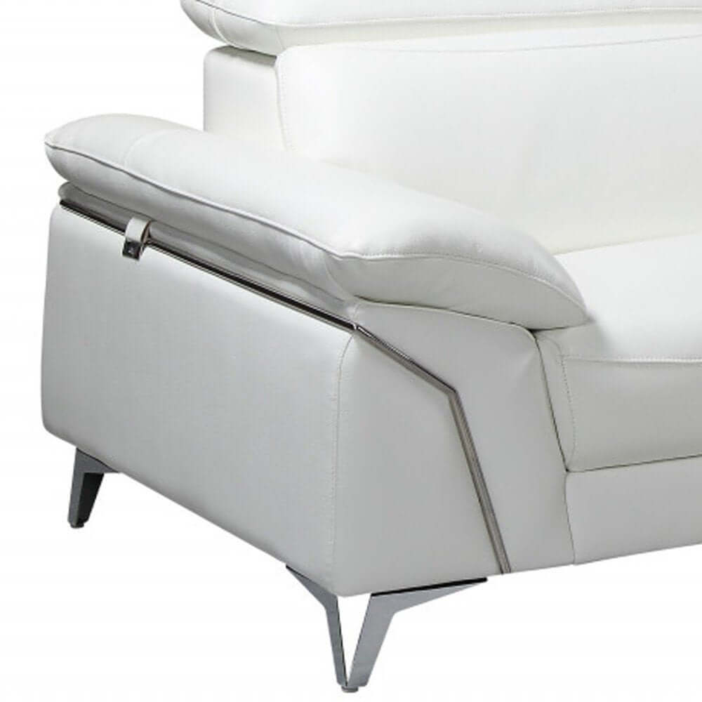 White Italian Leather L Shaped Two Piece Sofa and Chaise Sectional with silver metal legs and premium leather finish.