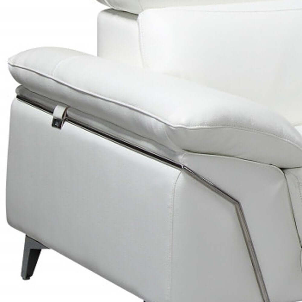 Close-up view of the White Italian Leather L Shaped Two Piece Sofa and Chaise Sectional's plush cushions and sleek silver legs.