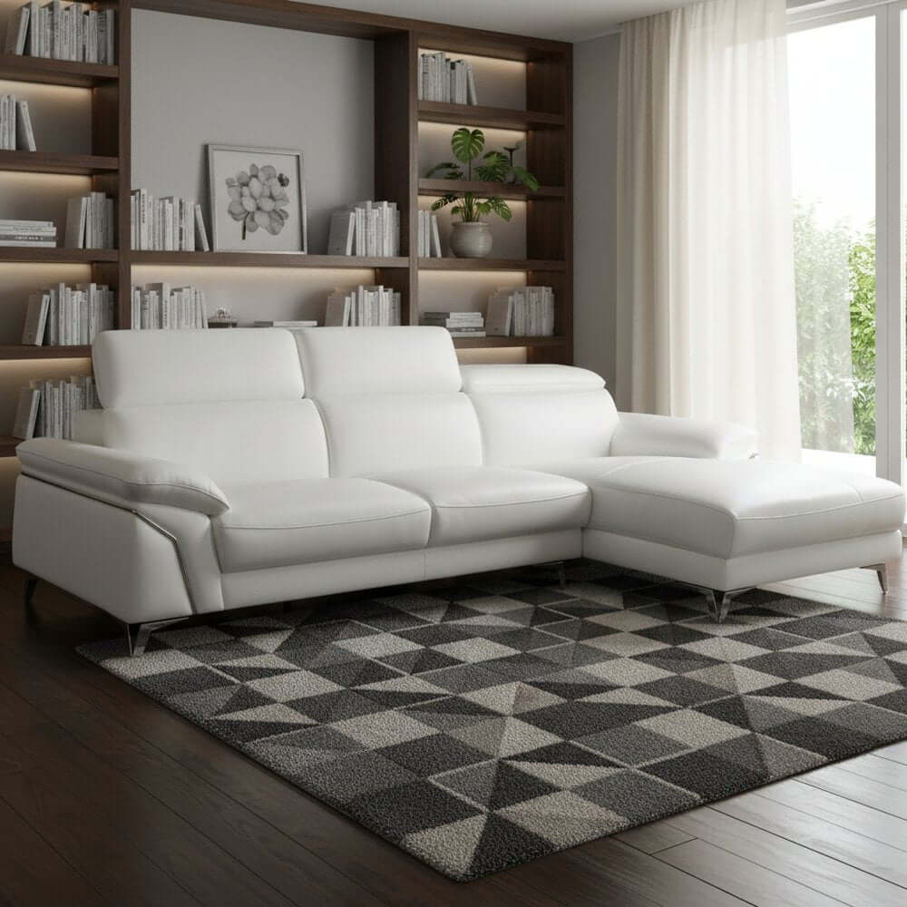 White Italian Leather L Shaped Two Piece Sofa and Chaise Sectional in modern living room setting.