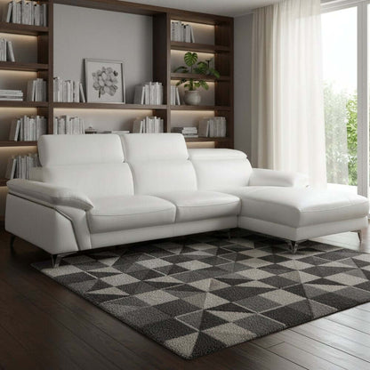 White Italian Leather L Shaped Two Piece Sofa and Chaise Sectional in modern living room setting.
