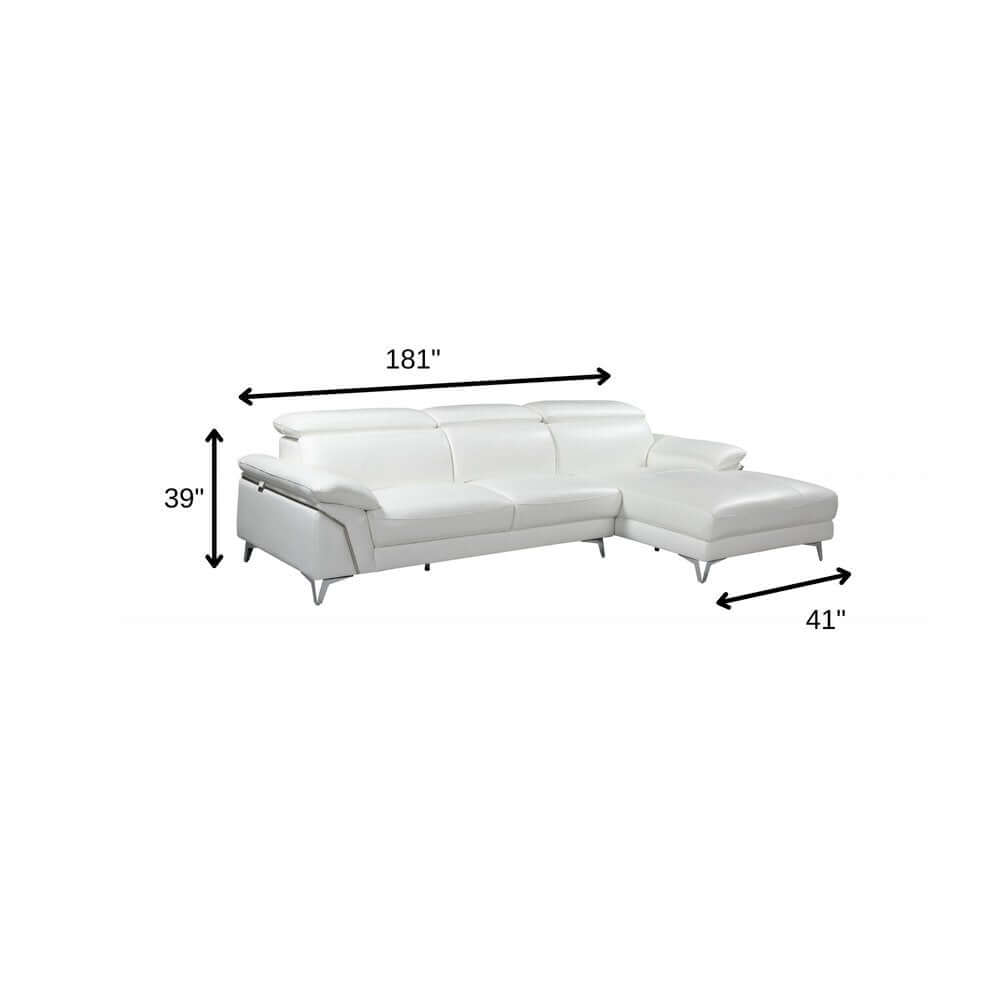 White Italian Leather L Shaped Two Piece Sofa and Chaise Sectional dimensions with measurements 181x41x39