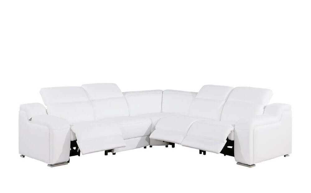 Italian Leather Power Reclining L-Shaped Sectional 112" | Modern Modular Corner Sofa in white leather.